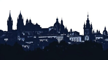  Silhouette of Toledo skyline in navy blue capturing iconic Spanish architecture against a stark white background