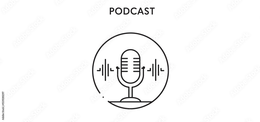 Poster a podcast icon featuring a microphone with sound waves inside of a circle on a white background spac