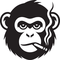 Illustration of a black and white monkey head smoking a cigarette on a white background design art