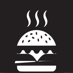Illustration of a delicious burger with steam on a red and orange background in cartoon style design