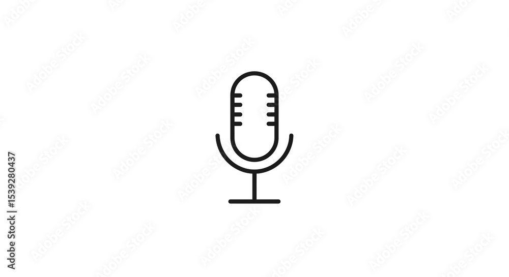 Poster a simple black outline drawing of a microphone on a white background in a minimalist style design