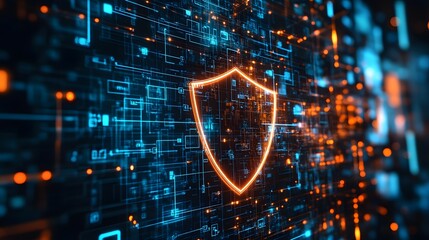 Glowing shield icon on a blue and orange digital circuit board background