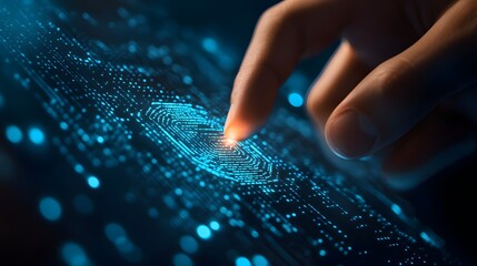 Finger touching a glowing digital fingerprint on a futuristic interface
