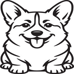 A cartoon corgi dog with a happy expression and tongue sticking out in black and white illustration