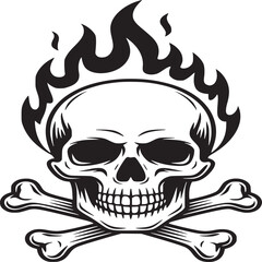 Illustration of a skull with flames above and crossed bones below on a light background art design