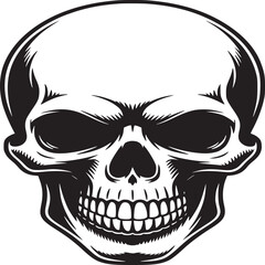 A striking monochrome skull illustration with detailed teeth and eye sockets on white background art