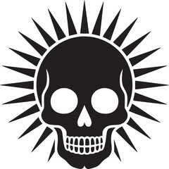 Graphic illustration of a black skull surrounded by radiating spikes on a light background