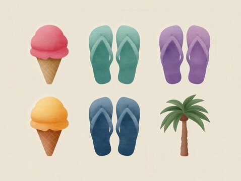 Colorful summer ice cream cones and relaxed flip flops arranged creatively under warm palm tree design offering playful vibes for vibrant beach days and sunny adventures