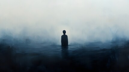 A solitary figure standing in water surrounded by mist and dark blue tones