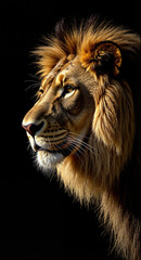 Majestic Lion Portrait in Golden Light Against Black Backdrop
