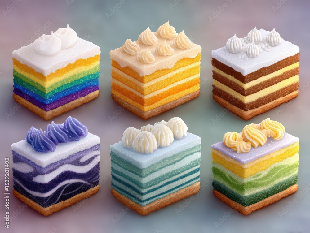 Poster colorful layered cake slices showcasing creamy frosting topped with decorative swirls and patterns s