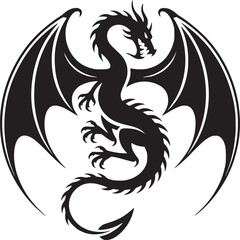 A black dragon with wings spread wide and a curled tail on a white background in a simple silhouette