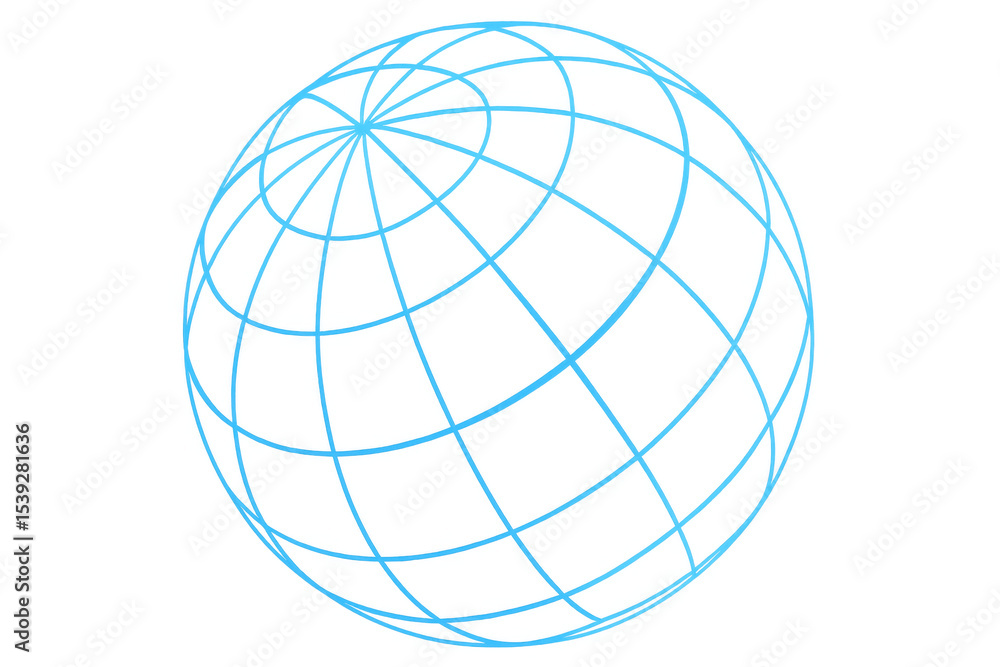 Poster rotating blue wireframe globe symbolizing interconnected digital networks against transparent backdr