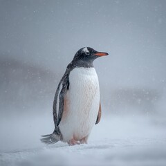 Obraz premium A lone penguin stands stoically in a snowy landscape, its black and white feathers contrasting with the white surroundings. The photo captures the resilience of the animal in a cold environment