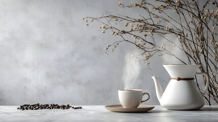 Still life of coffee cup, coffee beans, pour over pot and dried flower branches