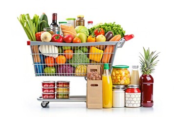Full shopping cart with fresh fruits vegetables and groceries healthy eating lifestyle concept grocery shopping supermarket food