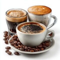 Obraz premium Coffee Variety: Espresso, Americano, Cappuccino with Beans on White