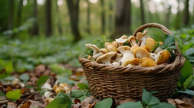 A basket filled with chanterelle mushrooms sitting on a forest floor scene outdoors - Powered by Adobe