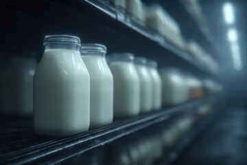 Glass bottles of fresh milk lined on shelves in a grocery store highlighting the importance of dairy products in daily nutrition and their role in healthy diets and food culture