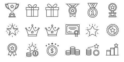 A collection of outline icons depicting awards prizes and achievements in a simple line art style