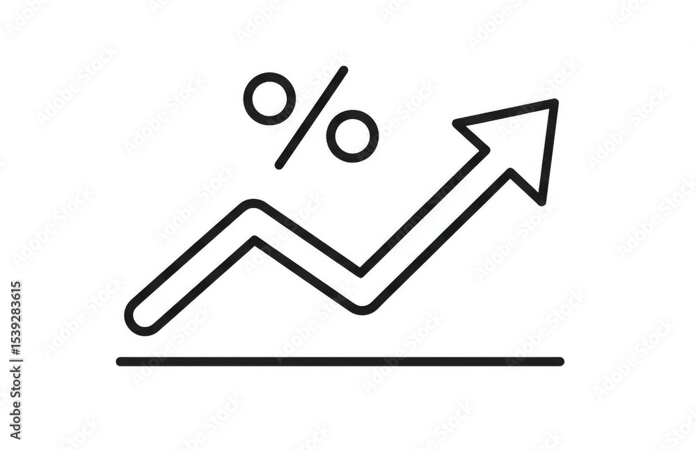 Poster a line graph with an upward arrow and a percentage sign indicating growth on a white background desi