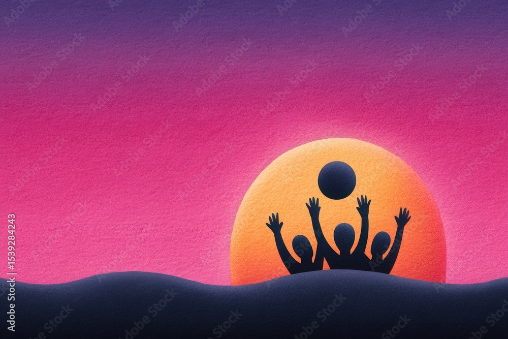 Poster abstract illustration of joyful figures reaching towards a vibrant sun with a gradient sunset backdr