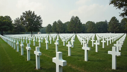Grave markers in a cemetery surrounded by trees  
