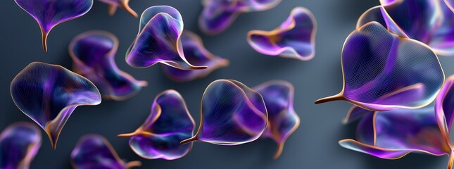 Abstract iridescent purple and blue petals float on a dark background.