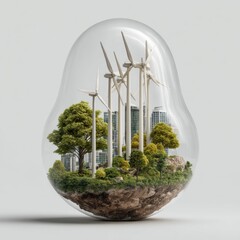 Eco-Friendly City in a Bulb: Wind Turbines, Greenery, and Modern Architecture within a Glass Sphere