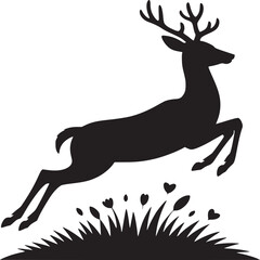 Silhouette of a leaping deer with antlers over a grassy patch with heart shaped flowers design