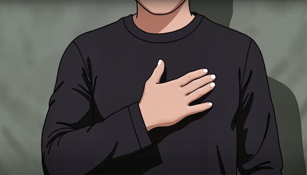 Person with hand on heart expressing sincerity against a neutral background
