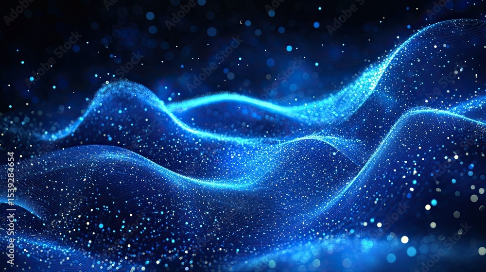 Poster abstract blue digital wave background with flowing particles and sparkling light