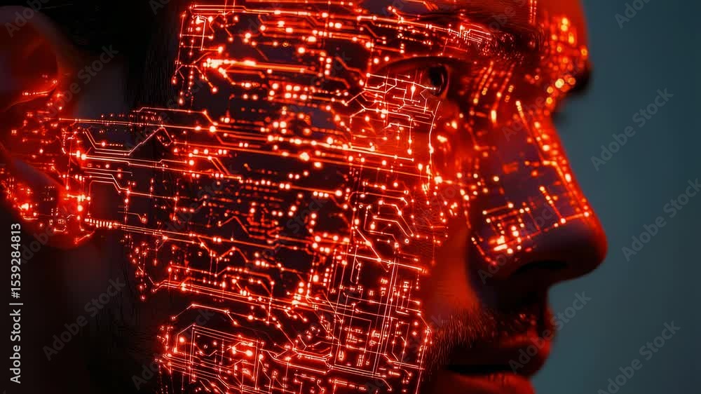 Poster futuristic portrait of a man with glowing circuit patterns on his face, showcasing technology and ar