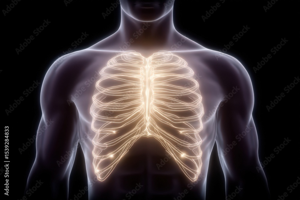 Poster human anatomy with illuminated rib cage and glowing lung structure showcasing intricate biological s