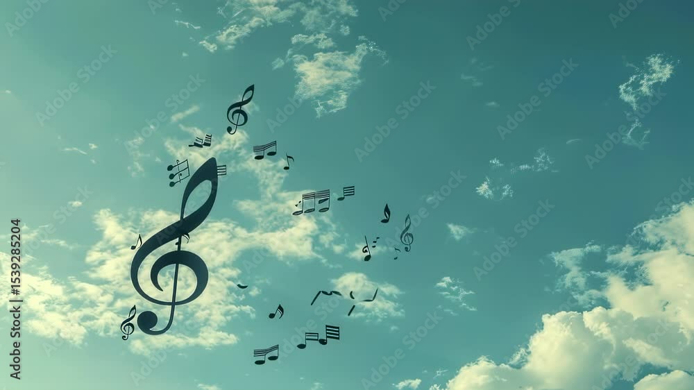 Poster music notes floating in a dreamy sky with clouds, creating a surreal and artistic composition