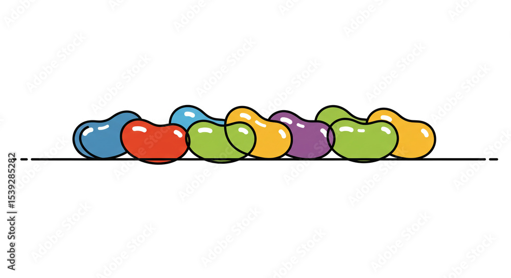 Poster a row of colorful jelly beans lined up on a horizontal line against a plain white background illustr