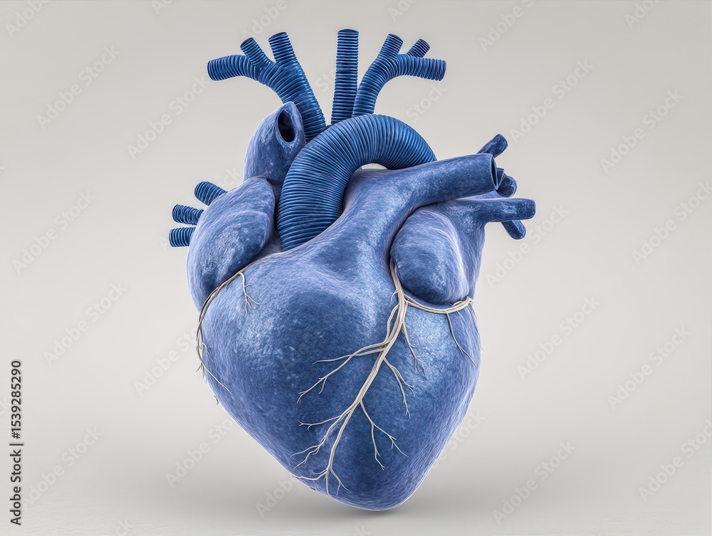Poster a striking hyper-realistic blue heart model showcasing detailed anatomy with intricate vessels and a