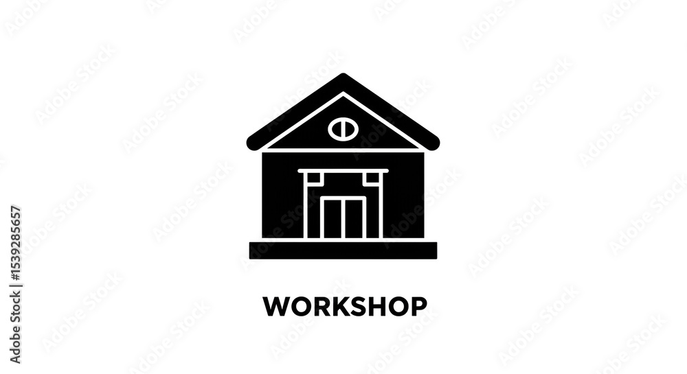 Poster a black and white icon depicting a building with a triangular roof and rectangular door area