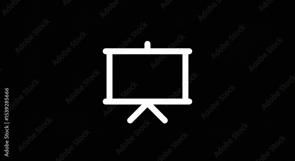 Poster a minimalistic white presentation screen icon isolated against a solid black background in simple de