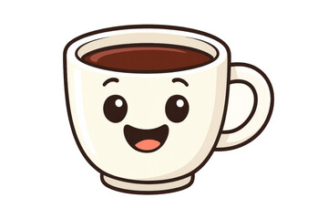 Cheerful, anthropomorphic coffee cup with a kawaii design smiles on a transparent background