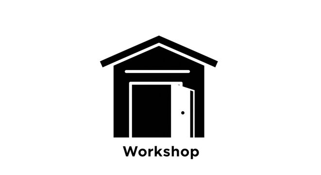 A black and white icon of a workshop building with an open door and the word workshop underneath it