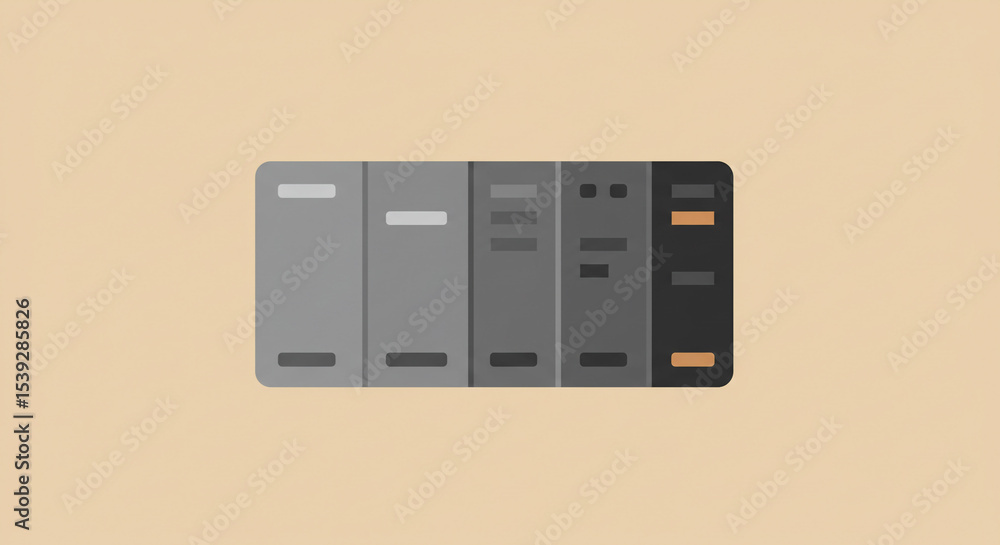 Poster a row of five server racks with various configurations against a light beige or cream colored backgr