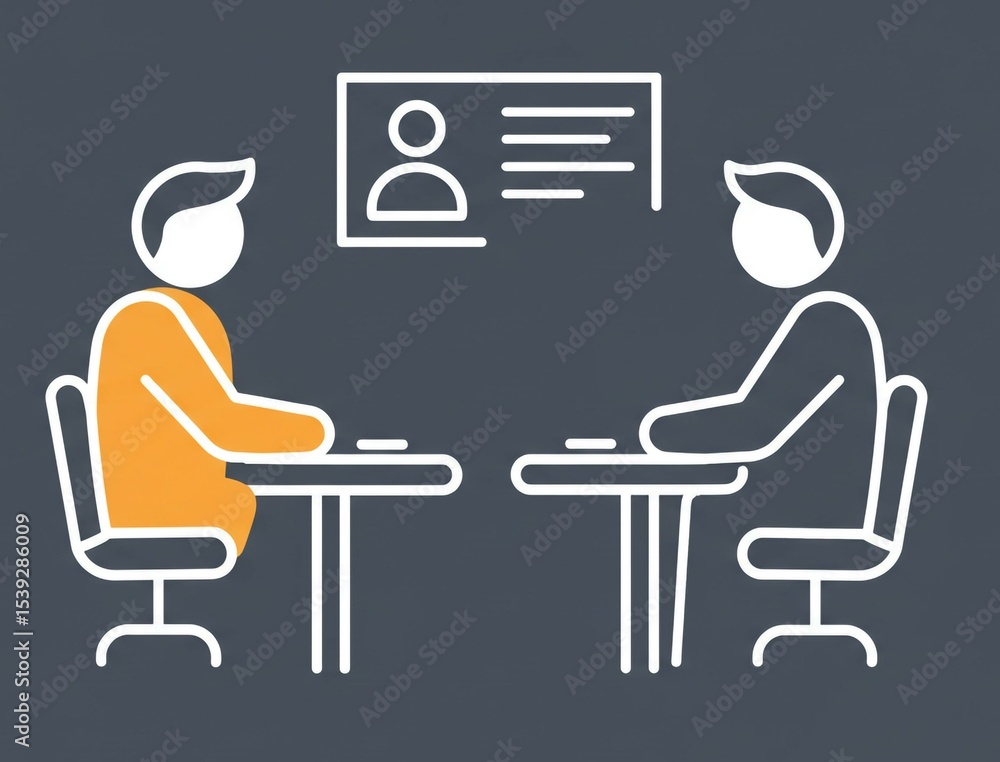 Poster two people sitting at tables facing each other with a profile picture above them in a gray setting