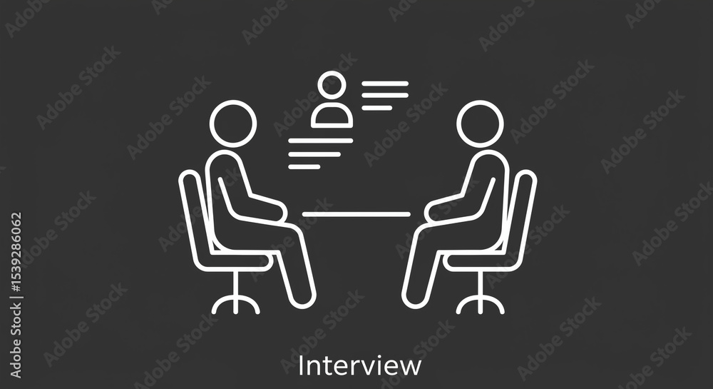 Poster two people sitting across from each other at a table in a meeting or interview setting outline style