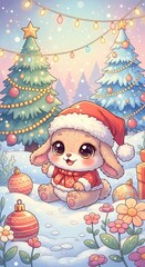 Cute Wallpaper, A super cute fluffy baby animal Cartoon in Christmas