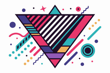 Fototapeta premium Vibrant abstract background featuring geometric shapes in Memphis style. Includes bold triangles in pink, teal, yellow, and purple, combined with dotted, striped, and wavy textures.