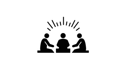 Three people sitting around a table with lines above them indicating a discussion or collaboration is happening
