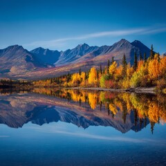 Fototapeta premium A stunning autumn landscape features a tranquil lake reflecting colorful trees and majestic mountains. The scene is a harmonious blend of nature's elements under a clear blue sky. 