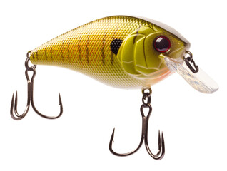 Artificial crankbait lure for fishing that is mostly gold on a transparent png background