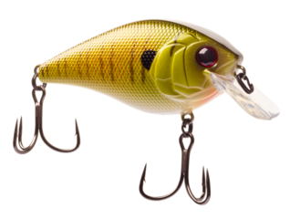 Artificial crankbait lure for fishing that is mostly gold on a transparent png background